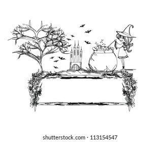 Halloween witch preparing potion - doodle