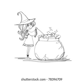 Halloween witch preparing potion - doodle