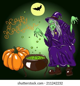 Halloween witch preparing a potion in an old cauldron. Hand drawn vector illustration.