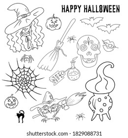 Halloween witch, pumkin, spiders elements black outline collection, isolated on white background, vector