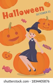 Halloween witch with pumpkin, cartoon character comic vector illustration, Asian style, vertical poster