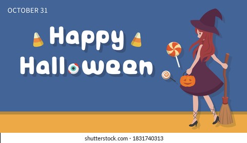 Halloween witch with pumpkin, cartoon comic vector illustration, Asian style