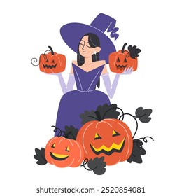 Halloween Witch with Pumpkin Lanterns