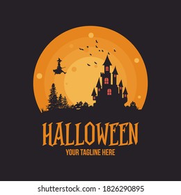 Halloween witch with pumpkin logo design template