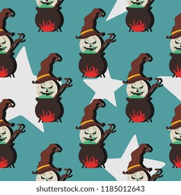 Halloween witch pumpkin and witch pot cute seamless pattern. vector illustration for fashion textile print and wrapping with festive design.