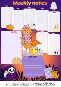 Halloween witch pumpkin school timetable weekly notes October November color background with skull 