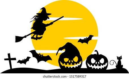 Halloween Witch and Pumpkin Silhouette Vector