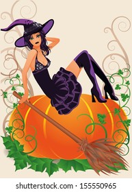 Halloween witch and pumpkin, vector illustration card