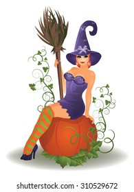 Halloween witch and pumpkin, vector illustration