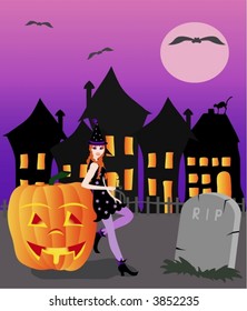 Halloween witch with pumpkin, vector illustration