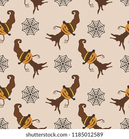 Halloween witch pumpkin and web spider seamless pattern. vector illustration for fashion textile print and wrapping with festive design.