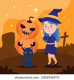 halloween witch with pumpkins and cat