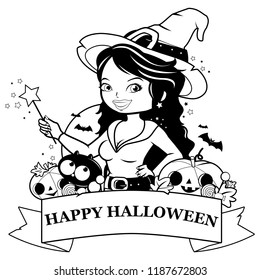 Halloween witch, pumpkins and treats. Vector black and white coloring page.