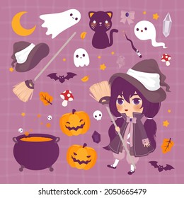 Halloween Witch Purple Orange Spooky Scary Creepy Pumpkin Ghost October Horror Witch Black Cat Bat Cauldron Skull Night Vector Dark Fantasy 