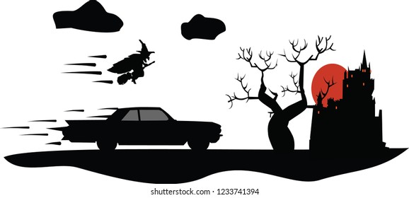 halloween witch racing with a car vector