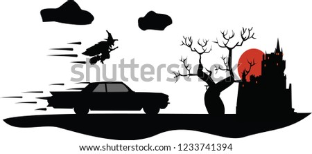 halloween witch racing with a car vector