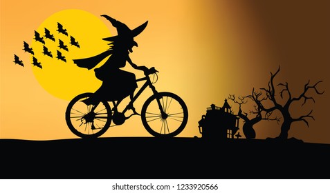 halloween. witch ride a bicycle vector