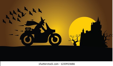 halloween. witch ride motorbike vector