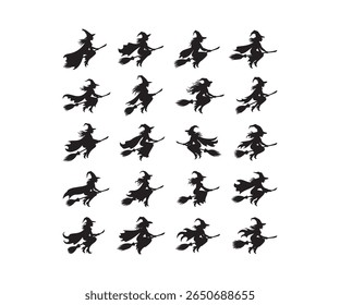 Halloween Witch Riding Broom Black Silhouette Icons, Spooky Flying Set