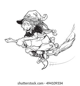 Halloween witch riding the broom. Halloween character concept design. Black and white sketch isolated on white background. Comic style intricate hand drawing. Tattoo design. EPS10 vector illustration.