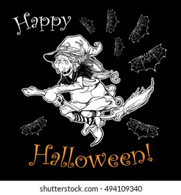 Halloween witch riding the broom. Halloween character concept design. Comic style intricate hand drawing. Tattoo design. EPS10 vector illustration.
