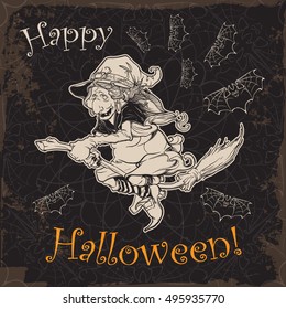 Halloween witch riding the broom. Halloween character concept design. Black and white sketch isolated on white background. Comic style intricate hand drawing. Tattoo design. EPS10 vector illustration.
