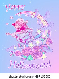 Halloween witch riding the broom. Crescent, stars and roses decorative composition on the background. Pastel goth palette. Comic style intricate hand drawing. Tattoo design. EPS10 vector illustration.