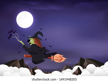 Halloween, witch riding a broom in night scene, party invites greeting card, mountains landscape gothic style background vector illustration