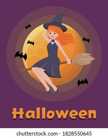 Halloween witch riding a broom in the night sky, cartoon comic vector illustration