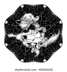 Halloween witch riding the broom on circular ornament made of bats. Halloween character concept design. Black and white sketch. Comic style intricate drawing. Tattoo design. EPS10 vector illustration.