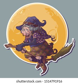 Halloween witch riding the broom Yellow moon on a background. Comic style intricate hand drawing. Halloween sticker. EPS10 vector illustration.