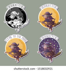 Halloween witch riding the broom Yellow moon on a background. Comic style intricate hand drawing. Halloween sticker. EPS10 vector illustration.