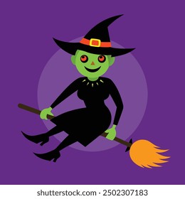 Halloween Witch Riding Broomstick - Spooky and Fun Witch Illustration for Halloween