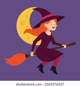 Halloween Witch Riding Broomstick - Spooky and Fun Witch Illustration for Halloween