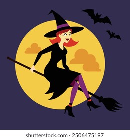 Halloween Witch Riding Broomstick - Spooky and Fun Witch Illustration for Halloween