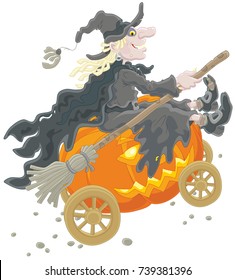 Halloween witch riding on her big pumpkin 