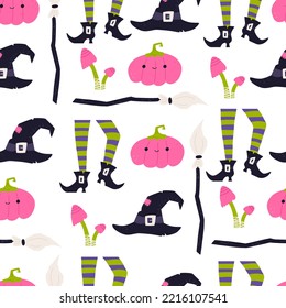 Halloween witch seamless pattern, cartoon flat vector illustration. Cute Halloween background with funny pumpkin, witches legs with boots and stockings, broom and hat.