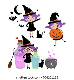 halloween witch set, cute vector