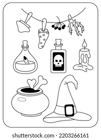 Halloween. Witch set. Fly agaric, berries,poison vial, potion, hat.Vector black and white illustration.