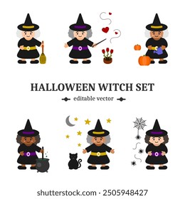 Halloween witch set with six cute fantasy characters. Cartoon flat design for magic, wizard, hag and spell theme. Different skin colors, hair and props. Editable EPS vector.