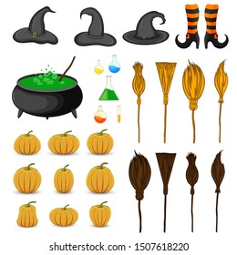 Halloween witch set with traditional attributes on white background. Cartoon style. Vector