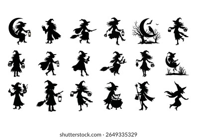 Halloween Witch Silhouette Bundle with Broom, Lantern, Pumpkin and Cat Elements .