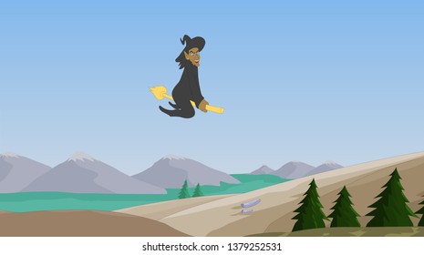 Halloween witch silhouette with glowing eyes flying on broomstick in the evening at dramatic sky with moon and stars