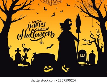 Halloween witch silhouette on cemetery, vector horror holiday character. Spooky shadow of witch in hat and cape with potion cauldron, pumpkins, broom and cat, bats, spiders and cobweb on creepy trees