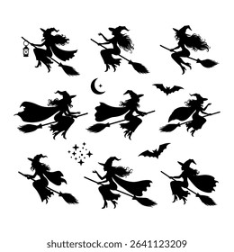 Halloween Witch Silhouettes Collection – Flying Standing and Spellcasting Poses.