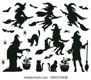 Halloween witch silhouettes. Magic witch ladies with broomstick, hats and bats, scary witches magic vector illustration. Female wizards silhouettes. Halloween witch magic silhouette with broomstick