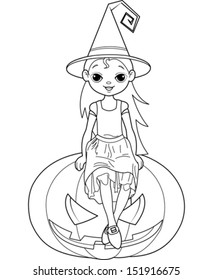 Halloween witch  sitting on  pumpkin coloring page