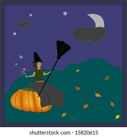 halloween witch sitting on the pumpkin