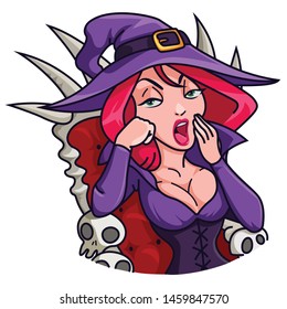 Halloween witch. The witch is sitting on the throne. Vector illustration in cartoon style. Isolated on white background.Vector illustration for Halloween.