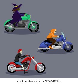 Halloween Witch  and Skeleton characters riding motorbike vector image design set for illustration, postcards, posters, stickers, labels and other creative needs.